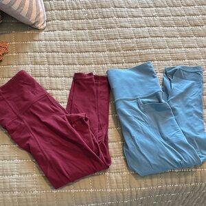 Athleta Leggings Duo in Burgundy and Light Blue Cropped